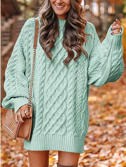 European And American Women's Clothing Round Neck Long Sleeves Large Profile Cable Knit Thick Knit Pullover Mid-length Sweater Women's Dress - globaltradeleader
