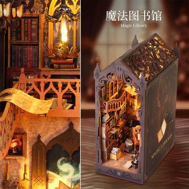 Diy Cabin Induction Book Stand Wooden Assembled Handmade Magic Bookshelf Decoration Creative Gift