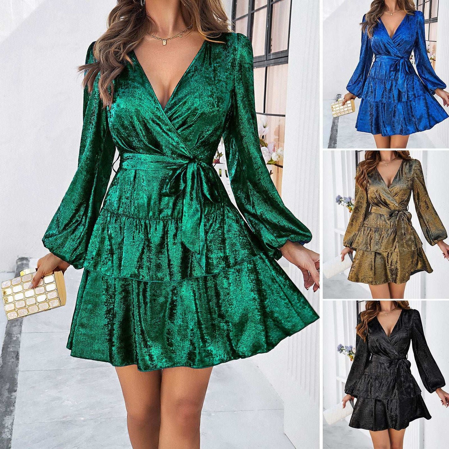 Spring And Summer Temperament Solid Color Long-sleeved Dress