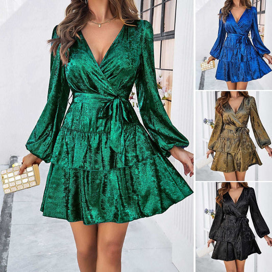 Spring And Summer Temperament Solid Color Long-sleeved Dress
