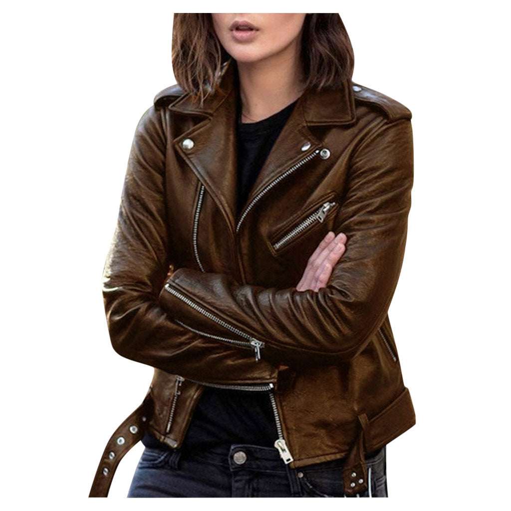 Spring And Autumn Plus Size Women's Short Women's Leather Jacket European And American PU Motorcycle Wear Slim Winter Clothes Wallet Overcome