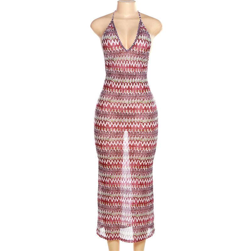 Women's Clothing Summer Mesh See-through Printed Backless Bohemian Style Dress