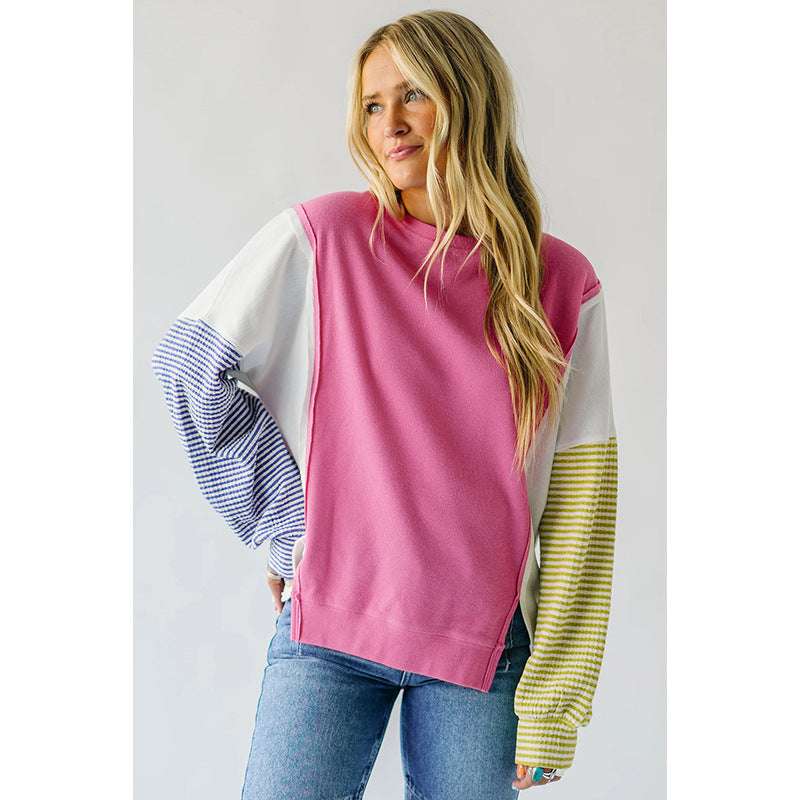 Autumn New Round-neck Pullover Women's Color Matching Long Sleeve - globaltradeleader