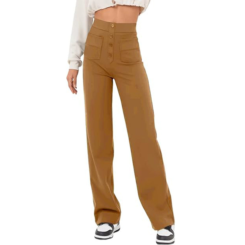 High Waist Trousers With Pockets Casual Loose Wide Leg Button Straight Pants Women's Clothing - globaltradeleader