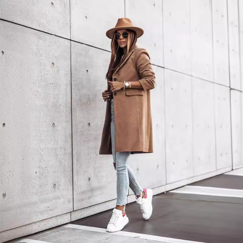 Autumn And Winter Simplicity Long Sleeve Button Woolen Coat - globaltradeleader