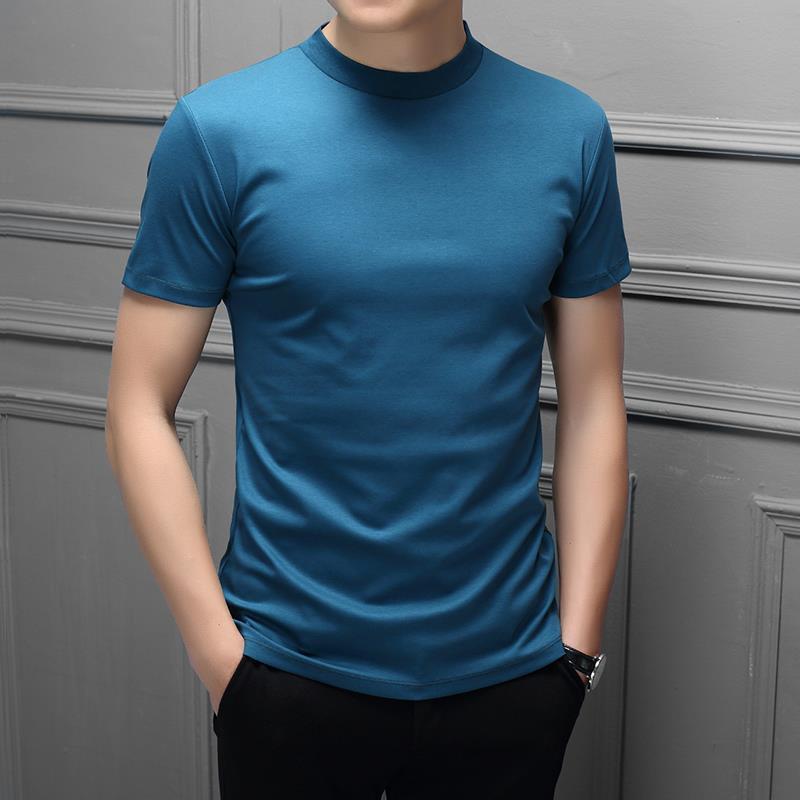 Spring And Summer Men's Double Mercerized Cotton Small Turtleneck Solid Color Slim Round Neck Short Sleeve T-shirt Half Turtleneck Bottoming Shirt