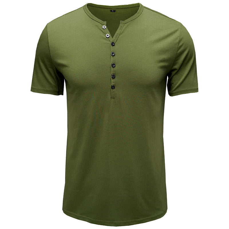 Summer Men's Clothing European And American Men's Henley Shirt Short-sleeved Me's T-shirt Solid Color Top