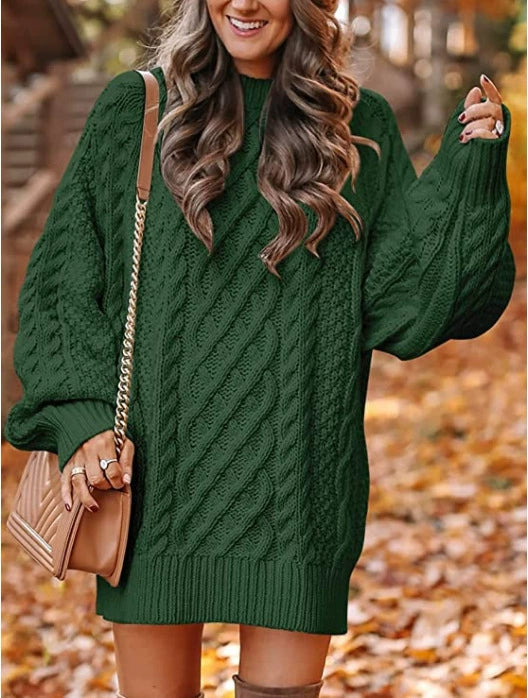 European And American Women's Clothing Round Neck Long Sleeves Large Profile Cable Knit Thick Knit Pullover Mid-length Sweater Women's Dress - globaltradeleader