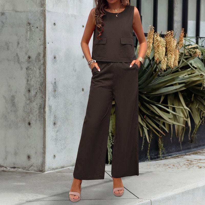Leisure Solid Color Sleeveless Top Wide Leg Trousers Suit - globaltradeleader