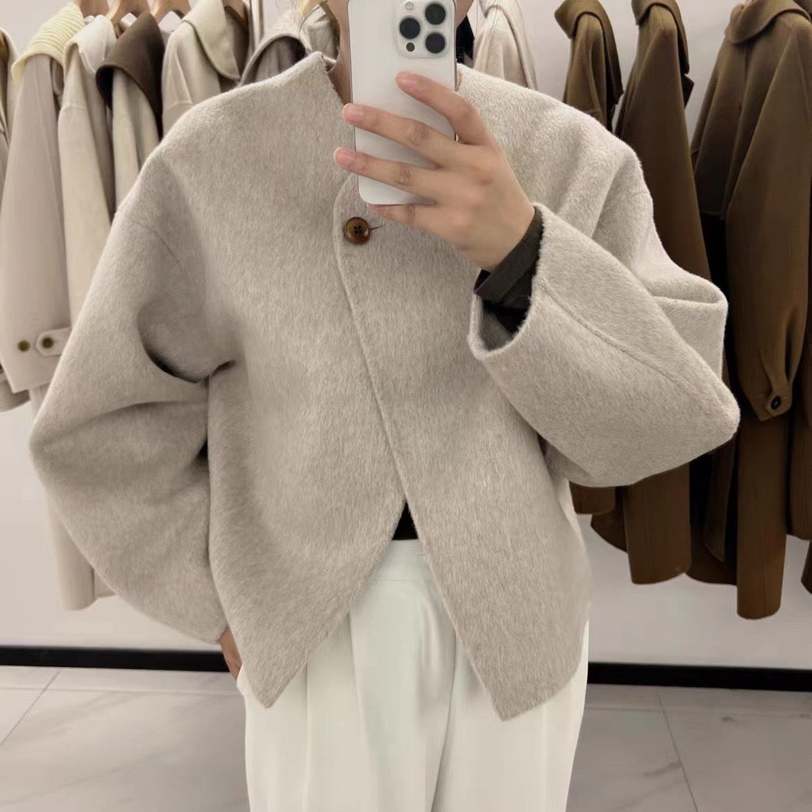 23 New Autumn And Winter New Scarf Collar Short Double-sided Cashmere Coat For Women Petite Round Neck Weibo Wool Coat