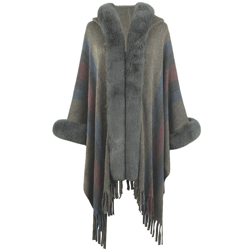 Women's Hooded Cape Autumn And Winter Striped