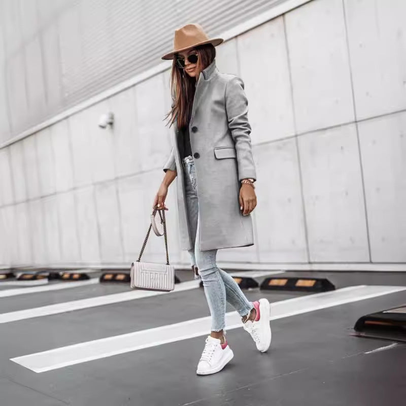 Autumn And Winter Simplicity Long Sleeve Button Woolen Coat - globaltradeleader