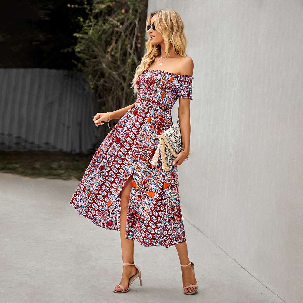 One-shoulder Printed Bohemian Dress