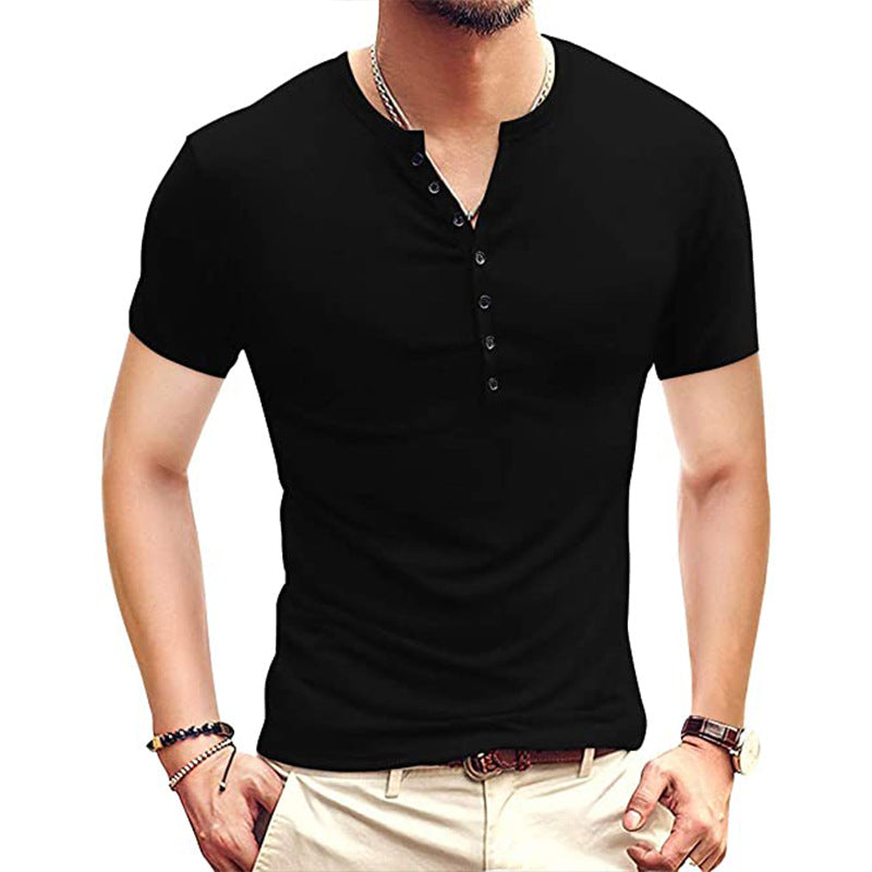 Summer Men's Clothing European And American Men's Henley Shirt Short-sleeved Me's T-shirt Solid Color Top