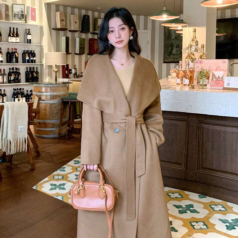 Women's Large Lapel Pure Color Tied Warm Reversible Woolen Coat - globaltradeleader