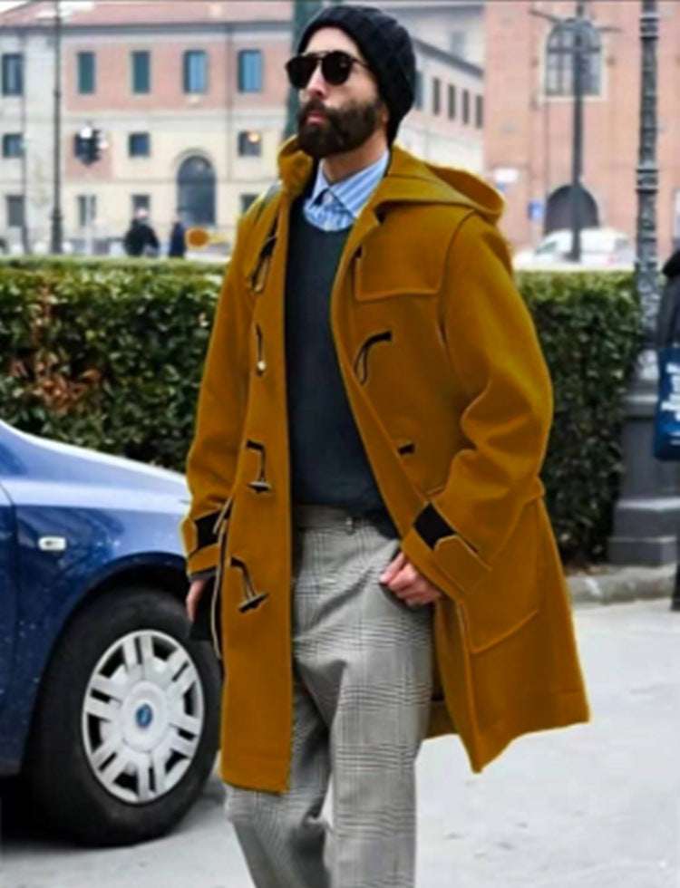 Retro Horn Button Hooded Woolen Trench Coat Men - globaltradeleader