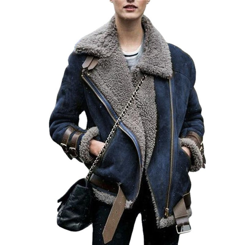 Motorcycle Deerskin Velvet Lamb Coat Women's Lapel Fur Cotton Coat