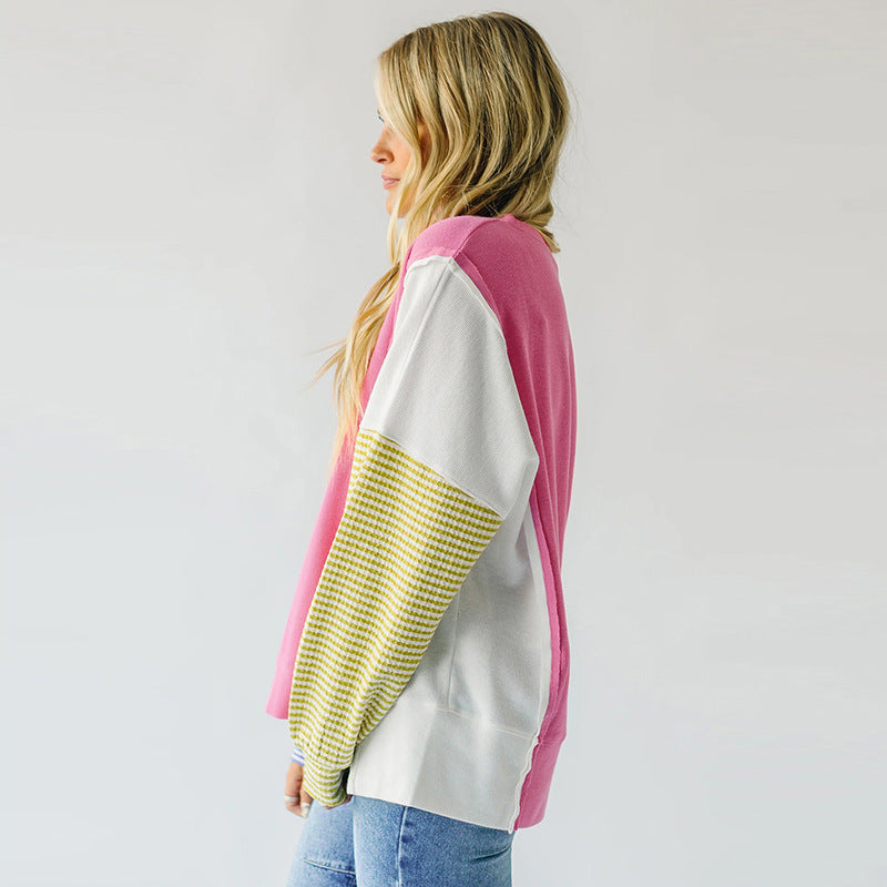 Autumn New Round-neck Pullover Women's Color Matching Long Sleeve - globaltradeleader