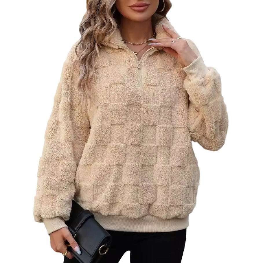 Women's Half Zipped Stand Collar Loose Plaid Plush Pullover Sweater - globaltradeleader
