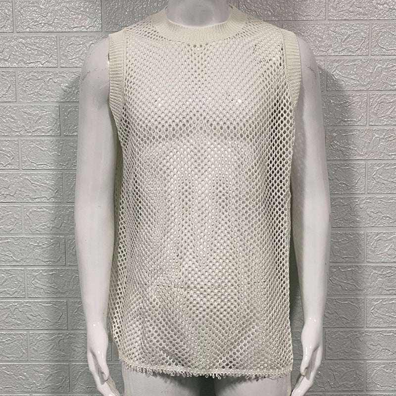 Solid Color Round Neck Sleeveless Hollow Knitted Vest - globaltradeleader