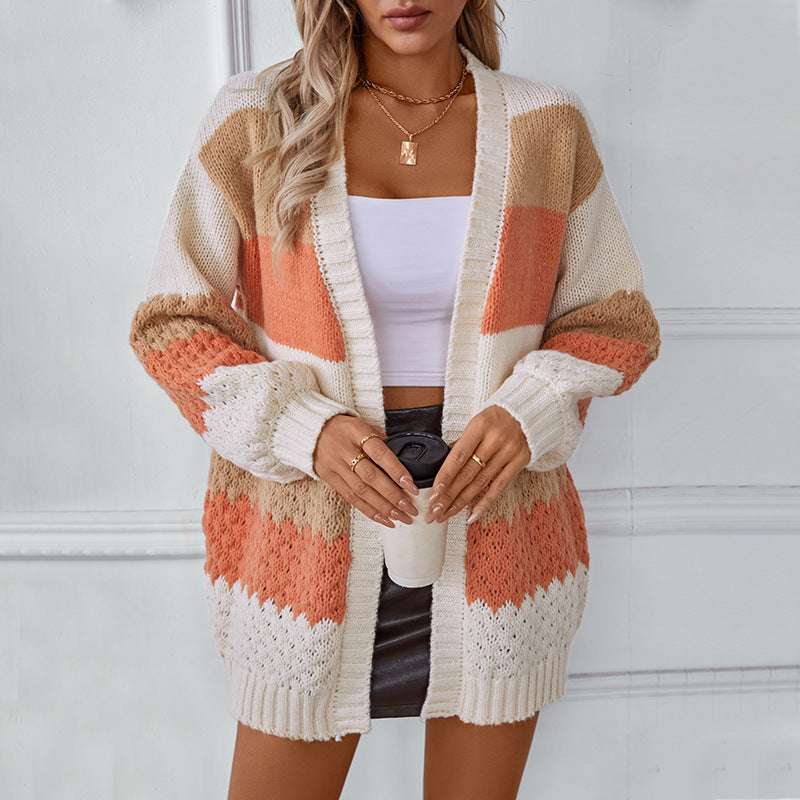 Drizzle Color Stripe European And American Sweater Cardigan Women's Autumn And Winter Casual Loose Lantern Sleeve Sweater