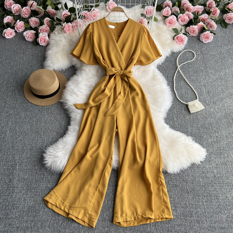 Temperament V-neck Short-sleeved Waist Strap Slim Jumpsuit Solid Color Simple High Waist Drape Wide-leg Pants