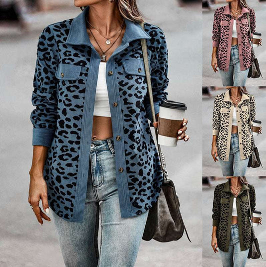 Women's Clothing Autumn And Winter Fashion Leopard Print Button Long-sleeved Jacket