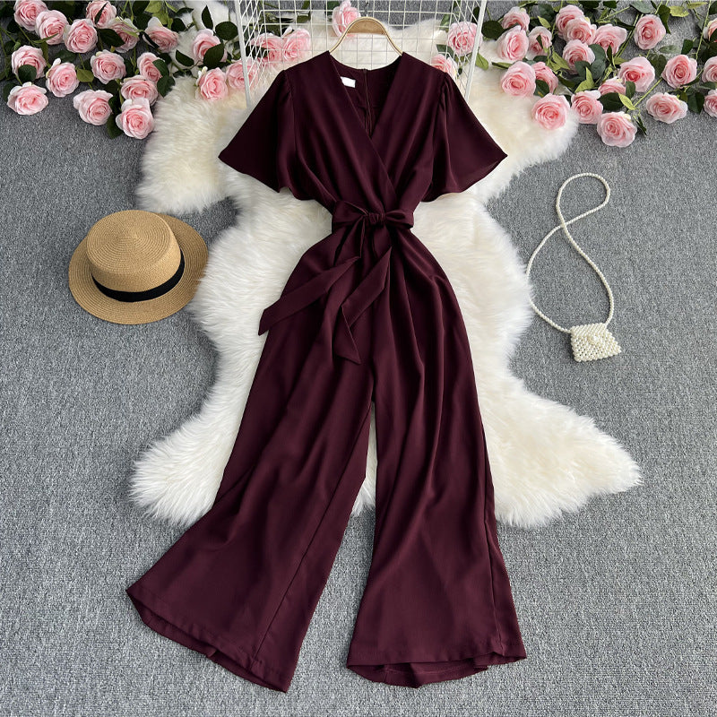 Temperament V-neck Short-sleeved Waist Strap Slim Jumpsuit Solid Color Simple High Waist Drape Wide-leg Pants