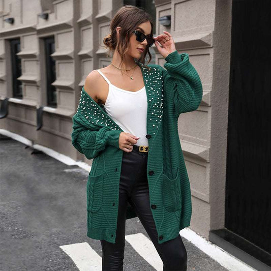 Women's Knitwear Autumn And Winter European And American Pattern Knitted Jacket Mid-length Beaded Sweater Cardigan