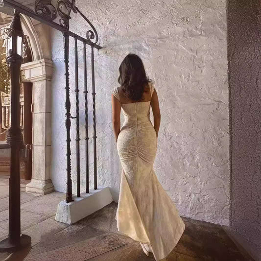 Pleated Lace Dress Socialite Niche Design Dress Sexy Strap Jacquard Dress