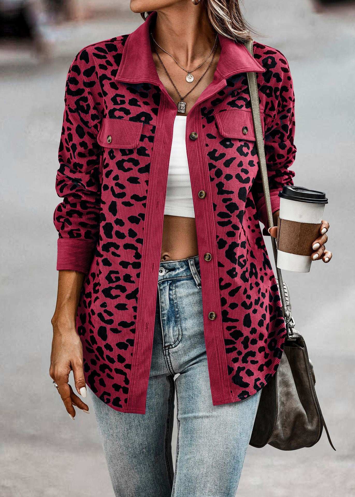 Women's Clothing Autumn And Winter Fashion Leopard Print Button Long-sleeved Jacket