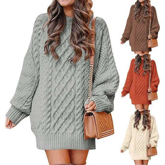 European And American Women's Clothing Round Neck Long Sleeves Large Profile Cable Knit Thick Knit Pullover Mid-length Sweater Women's Dress - globaltradeleader