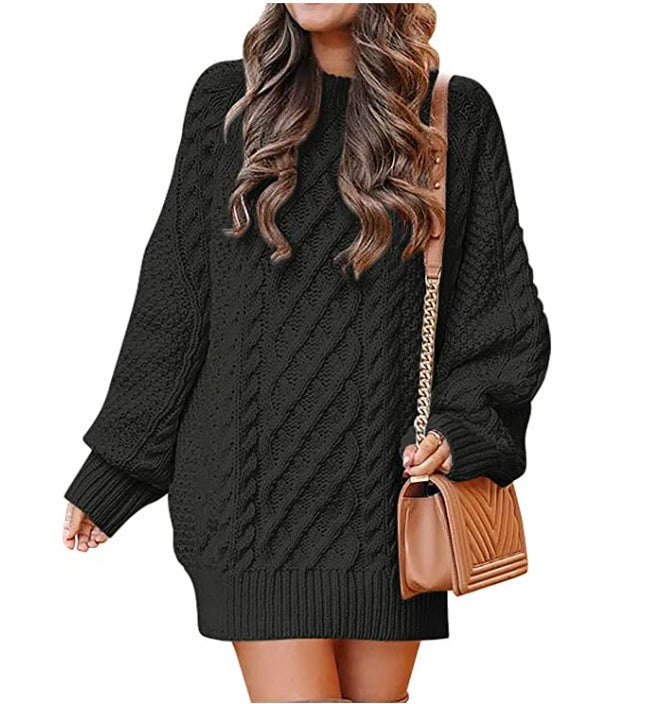 European And American Women's Clothing Round Neck Long Sleeves Large Profile Cable Knit Thick Knit Pullover Mid-length Sweater Women's Dress - globaltradeleader