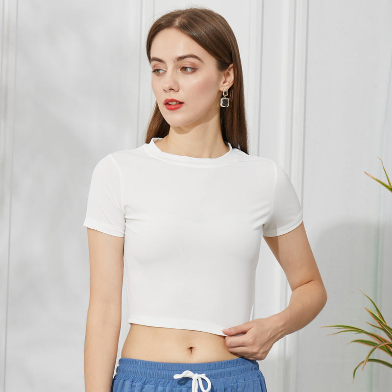 Waist Exposed T-shirt Ice Silk Thread New Short Model Exposed Navel Exposed Short Sleeve Slim Summer Round Neck T-shirt For Women