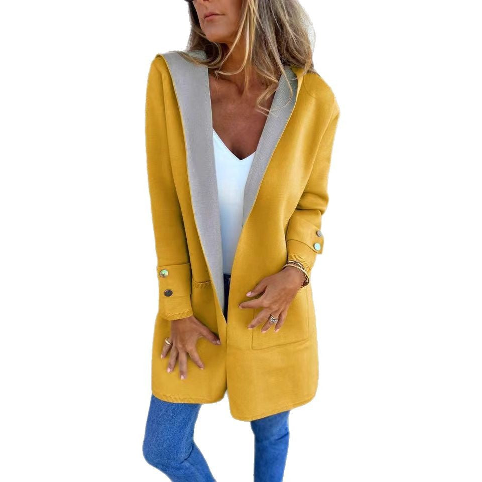 European And American Spring New Women's Clothing Casual Contrast Color Sweater Cardigan Hooded Coat - globaltradeleader