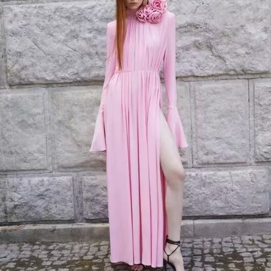 Socialite High Collar Rose Stereo Flower Trumpet Sleeve Sexy Split Gentle Dress Long Dress