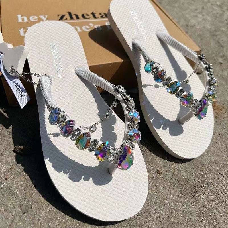 Flip-flops Women's Summer Outer Wear Korean Version Net Red Rhinestones Flat Bottom Sandals And Slippers Beach Shoes Women's