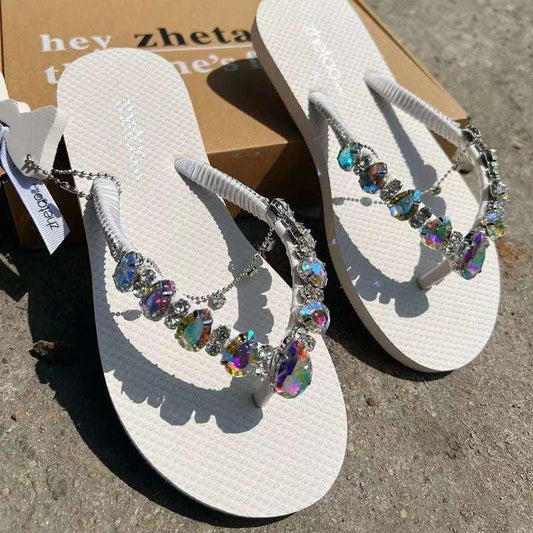 Flip-flops Women's Summer Outer Wear Korean Version Net Red Rhinestones Flat Bottom Sandals And Slippers Beach Shoes Women's