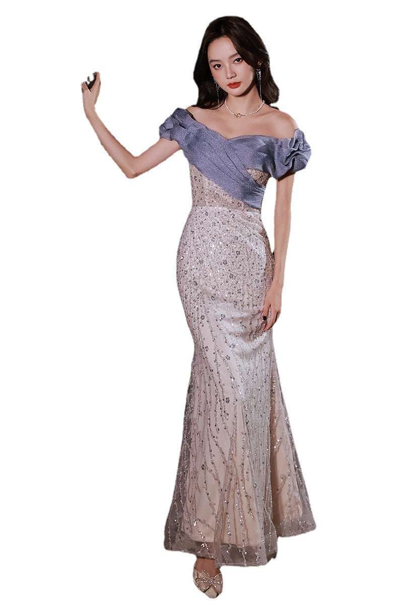 Evening Dress Female Sequin Big Bow Host Fishtail Bel Canto Solo Performance Costume Vocal Art Examination - globaltradeleader