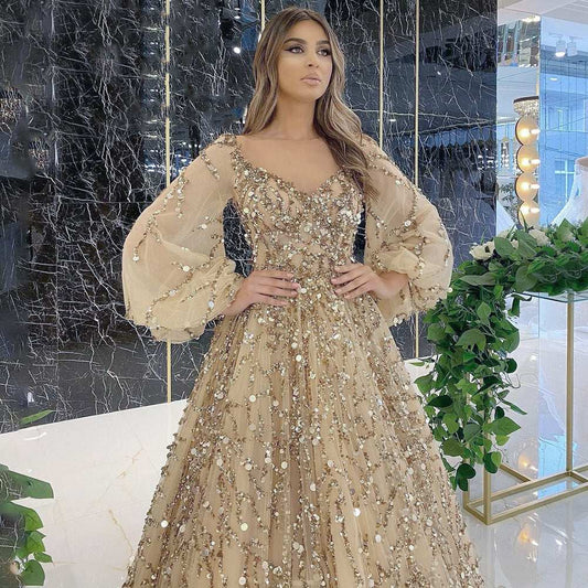 Golden Heavy Beaded Luxury Evening Dress