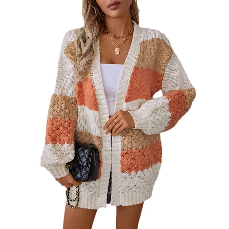 Drizzle Color Stripe European And American Sweater Cardigan Women's Autumn And Winter Casual Loose Lantern Sleeve Sweater