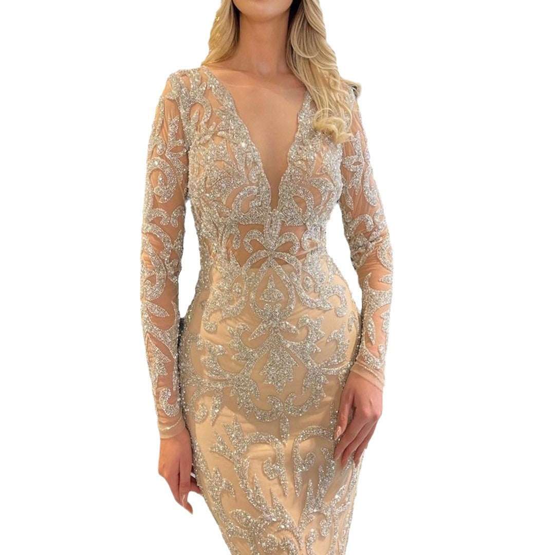 European And American Bronzing Long Sleeve Slim-fit Sexy Long Dress Evening Dress