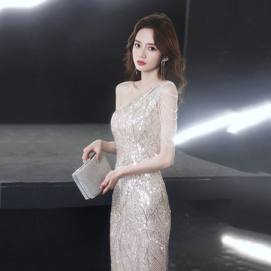 New Temperament Long Shoulder Tassel Sexy Host Banquet Dress