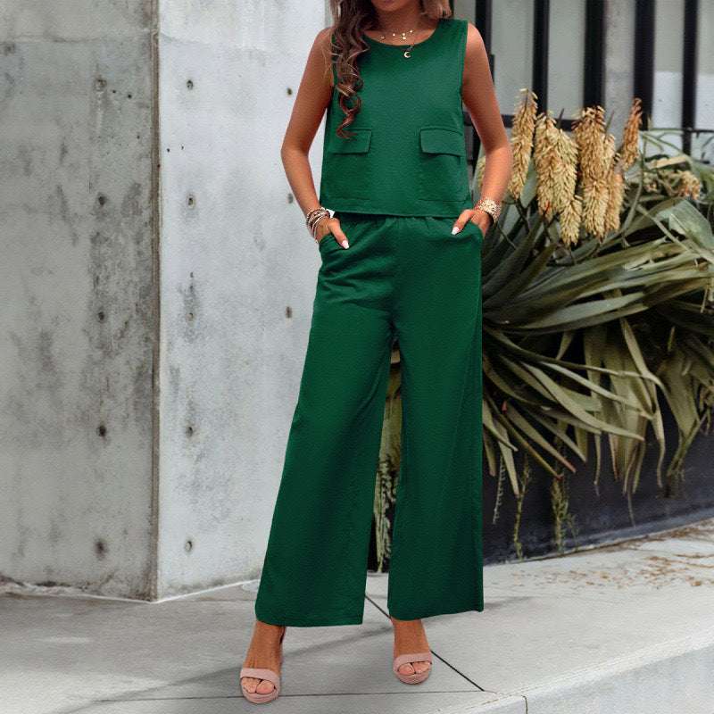 Leisure Solid Color Sleeveless Top Wide Leg Trousers Suit - globaltradeleader