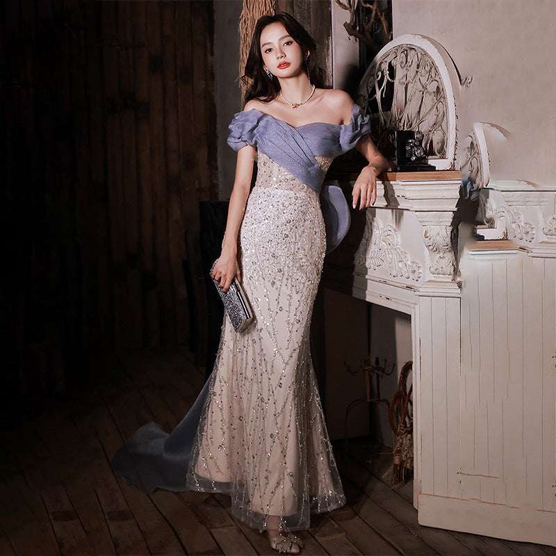 Evening Dress Female Sequin Big Bow Host Fishtail Bel Canto Solo Performance Costume Vocal Art Examination - globaltradeleader
