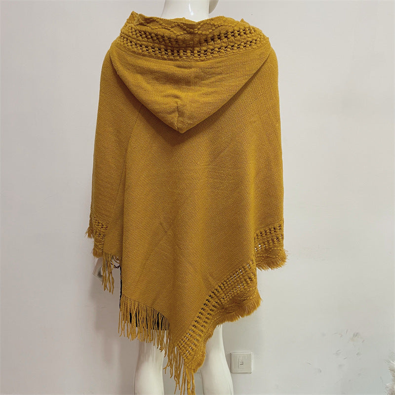 Solid Color Hollow Tassel Plus Size Cape And Shawl