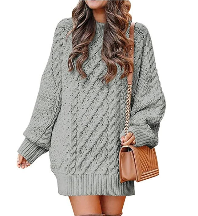 European And American Women's Clothing Round Neck Long Sleeves Large Profile Cable Knit Thick Knit Pullover Mid-length Sweater Women's Dress - globaltradeleader