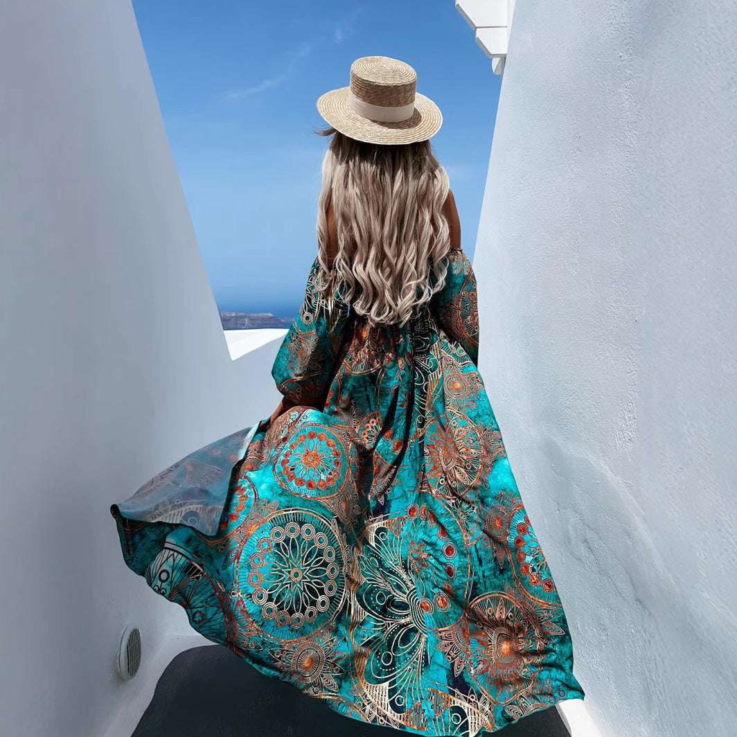 Off-neck Long Sleeve Tube Top Printed Long Dress