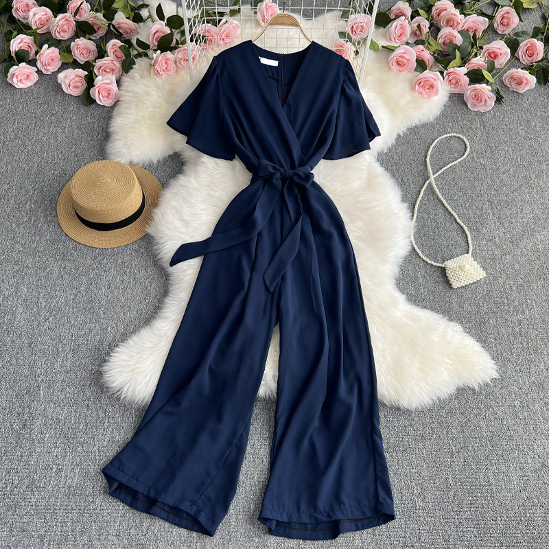 Temperament V-neck Short-sleeved Waist Strap Slim Jumpsuit Solid Color Simple High Waist Drape Wide-leg Pants