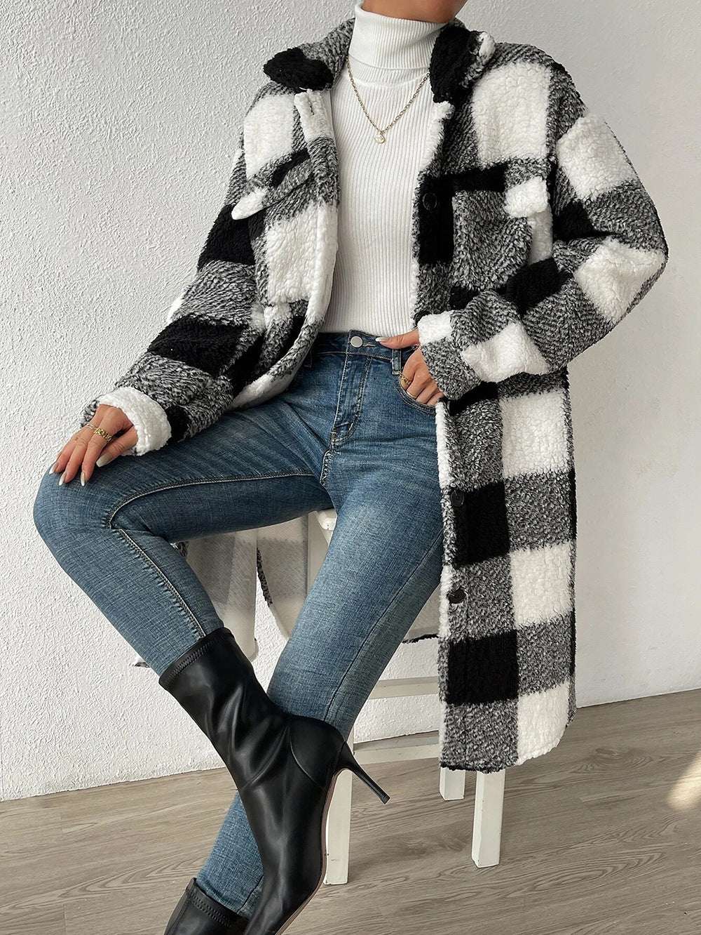 European And American Autumn And Winter Open Button Lapel Plush Plaid Coat Loose Temperament Commuter Long Coat For Women
